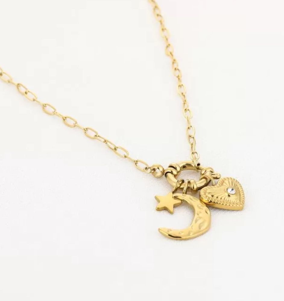 Gouden bedelketting met hart en maan roestvrijstaal