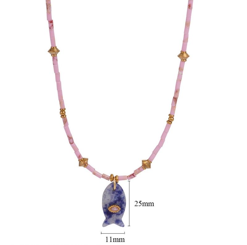 Ketting | Blush Splash | Natuursteen | Pink | Stainless steel Roos natuursteen kralen ketting met blauwe vis hanger