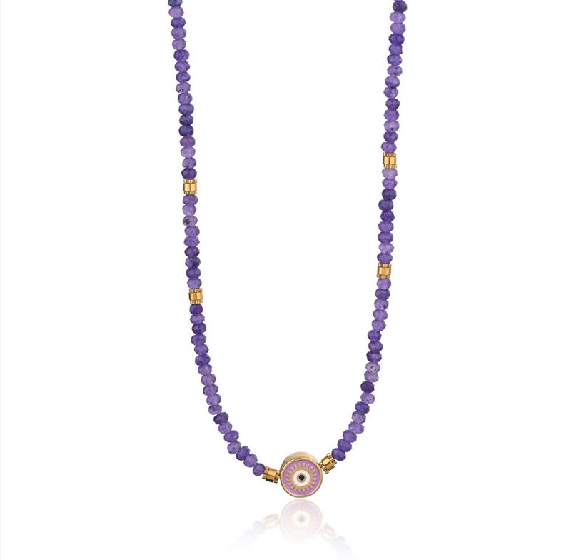 Ketting | Oog | Paars | Natuursteen | Stainless steel Lila kralen ketting met oog hanger