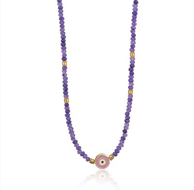 Ketting | Oog | Paars | Natuursteen | Stainless steel Lila kralen ketting met oog hanger