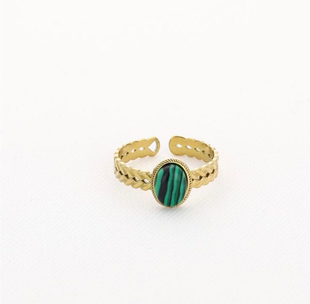 Ring | Malachite | Goud | Stainless steel