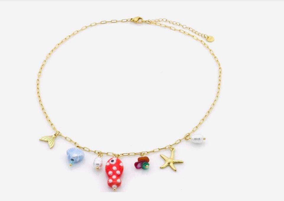 Halsketting | Bedels vis rood | Goud | Stainless steel