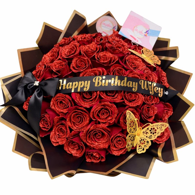 Luxury Glitter Red Rose Bouquet - 50 Roses