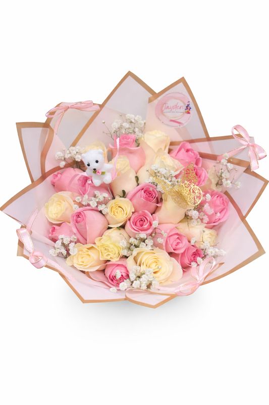 Pink & Ivory Rose Bouquet - 25 Roses