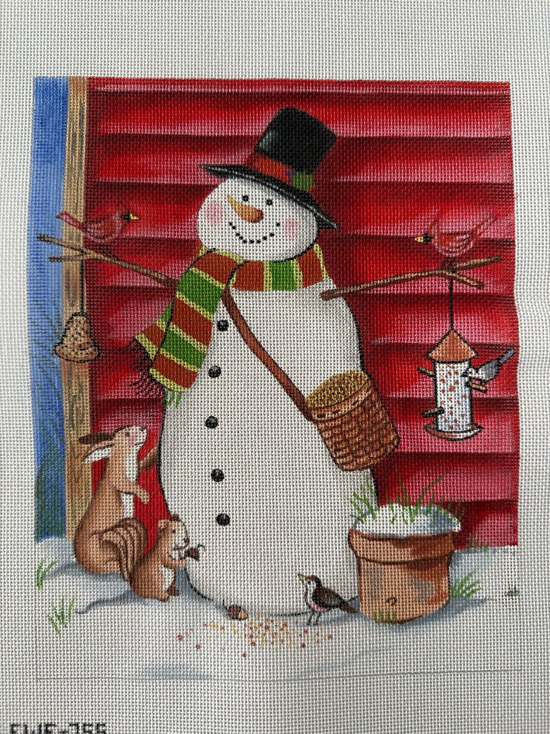 Red Barn Snowman with Friends 8 x 10 - 18 mesh