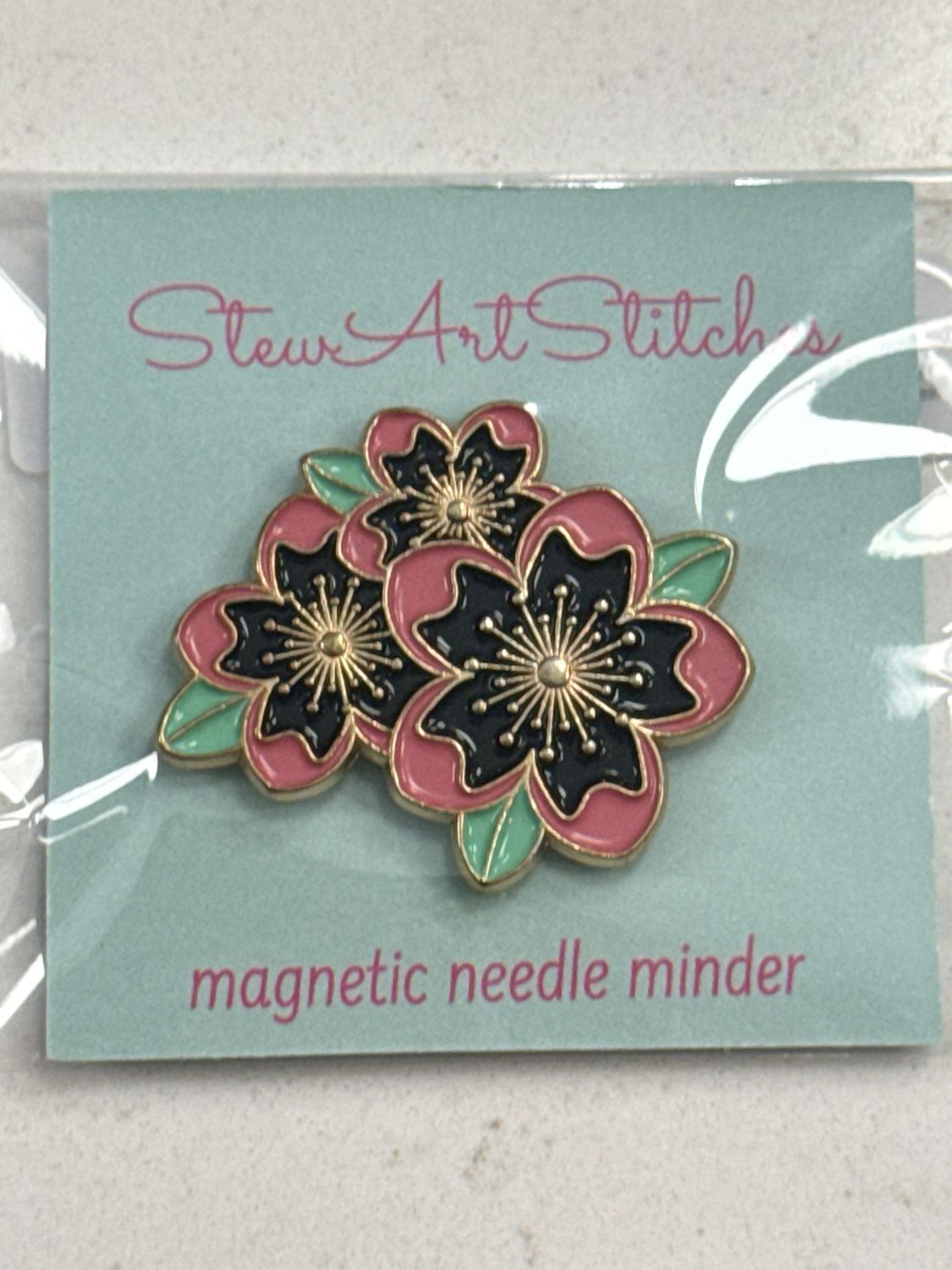 Pink and Black Flowers Enamel Needle Minder