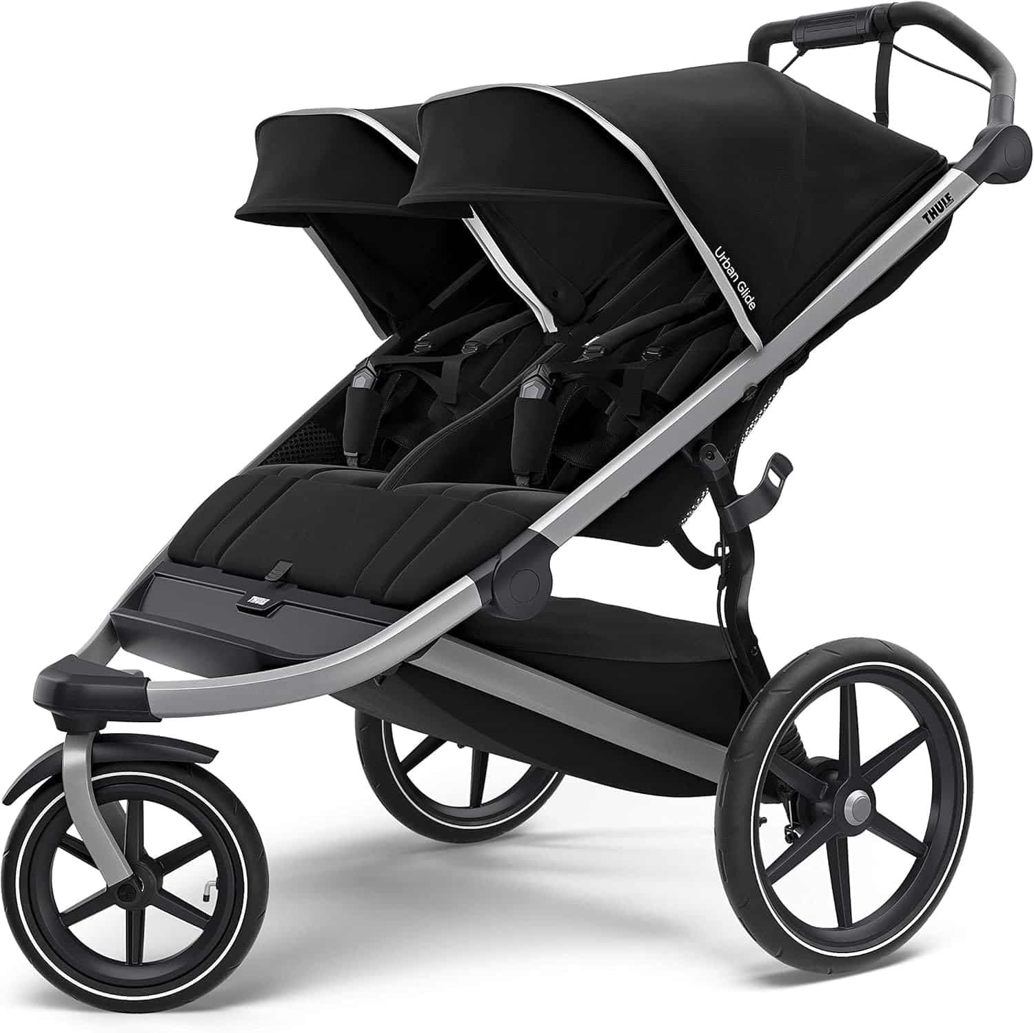 Side view of Thule double stroller with smooth ride for theme parks