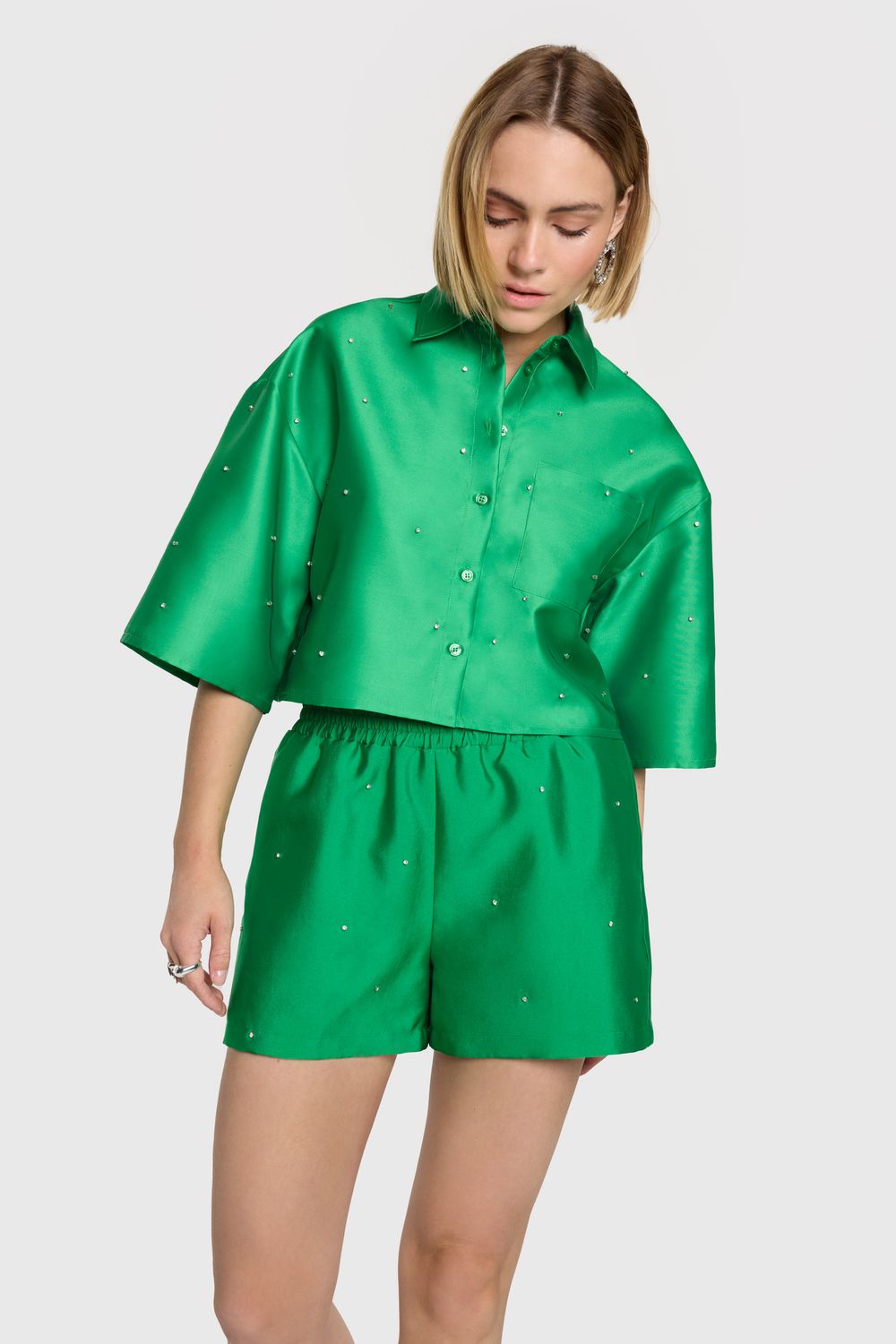 ladies woven embellished satin shorts