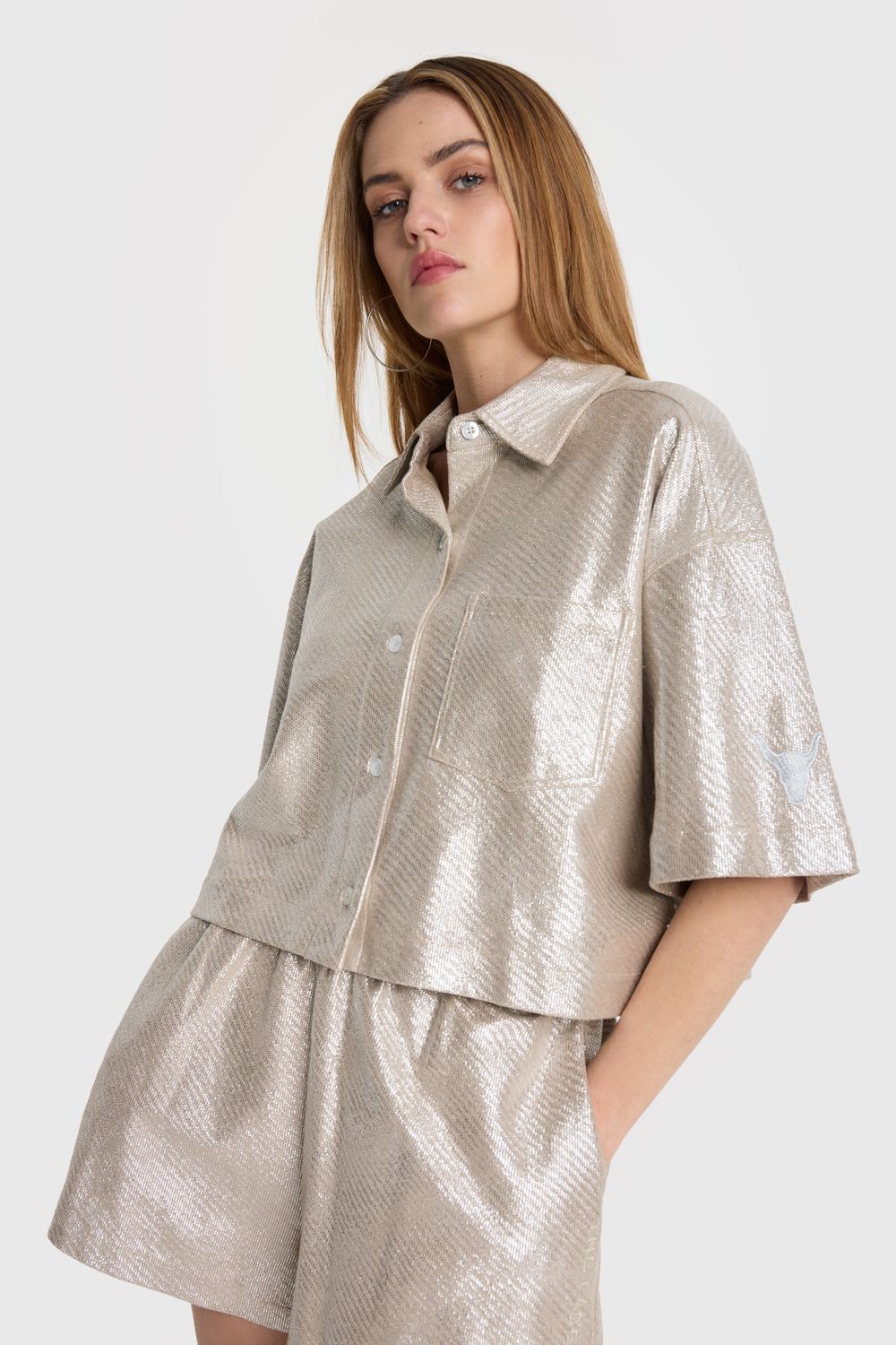 ladies woven foil cropped blouse