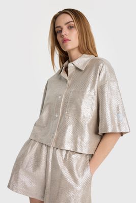 ladies woven foil cropped blouse
