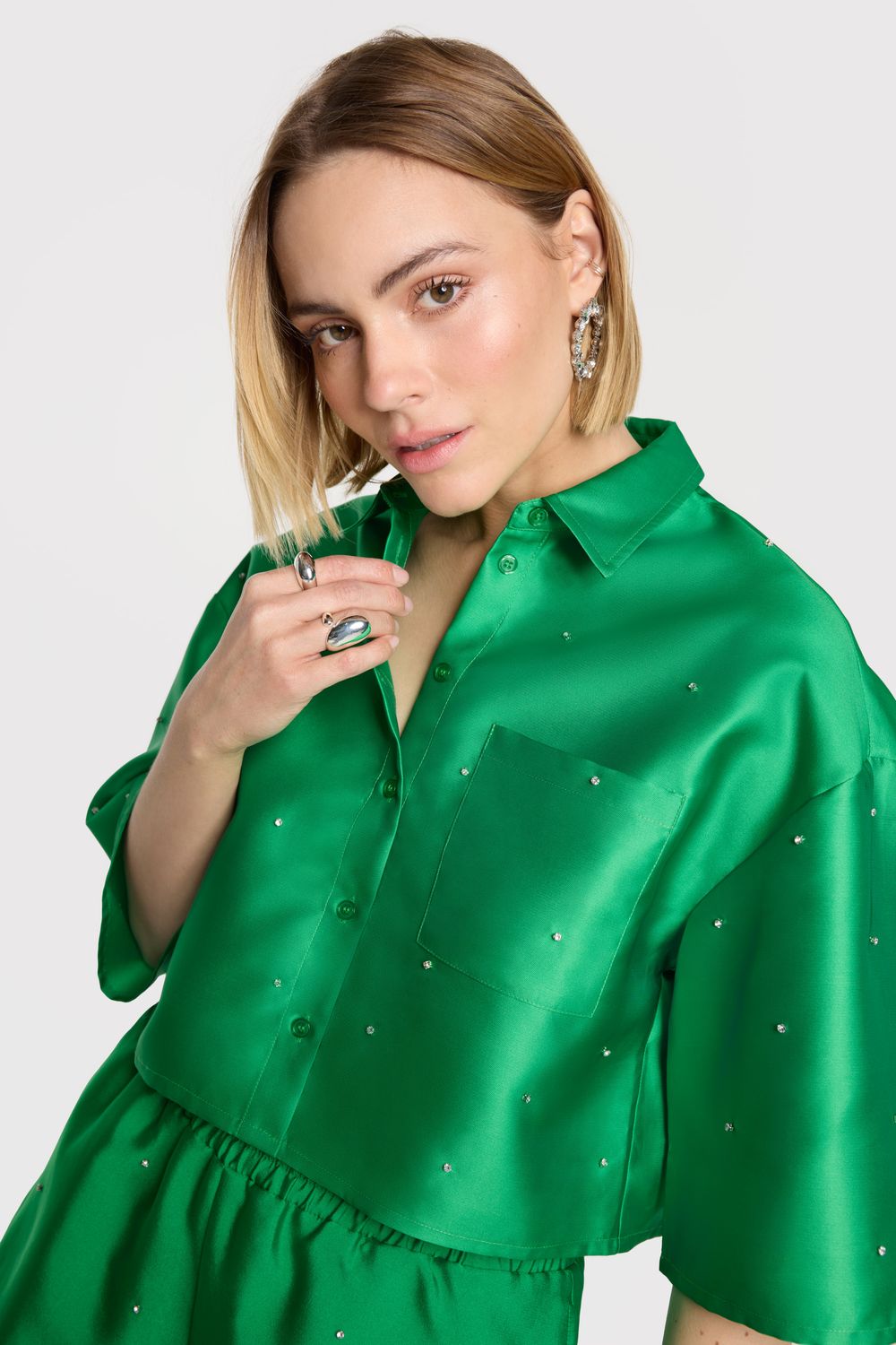 ladies woven embellished satin blouse