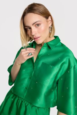 ladies woven embellished satin blouse