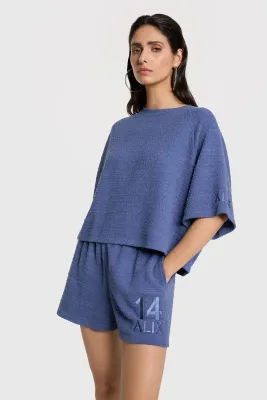 ladies knitted boucle t-shirt night blue