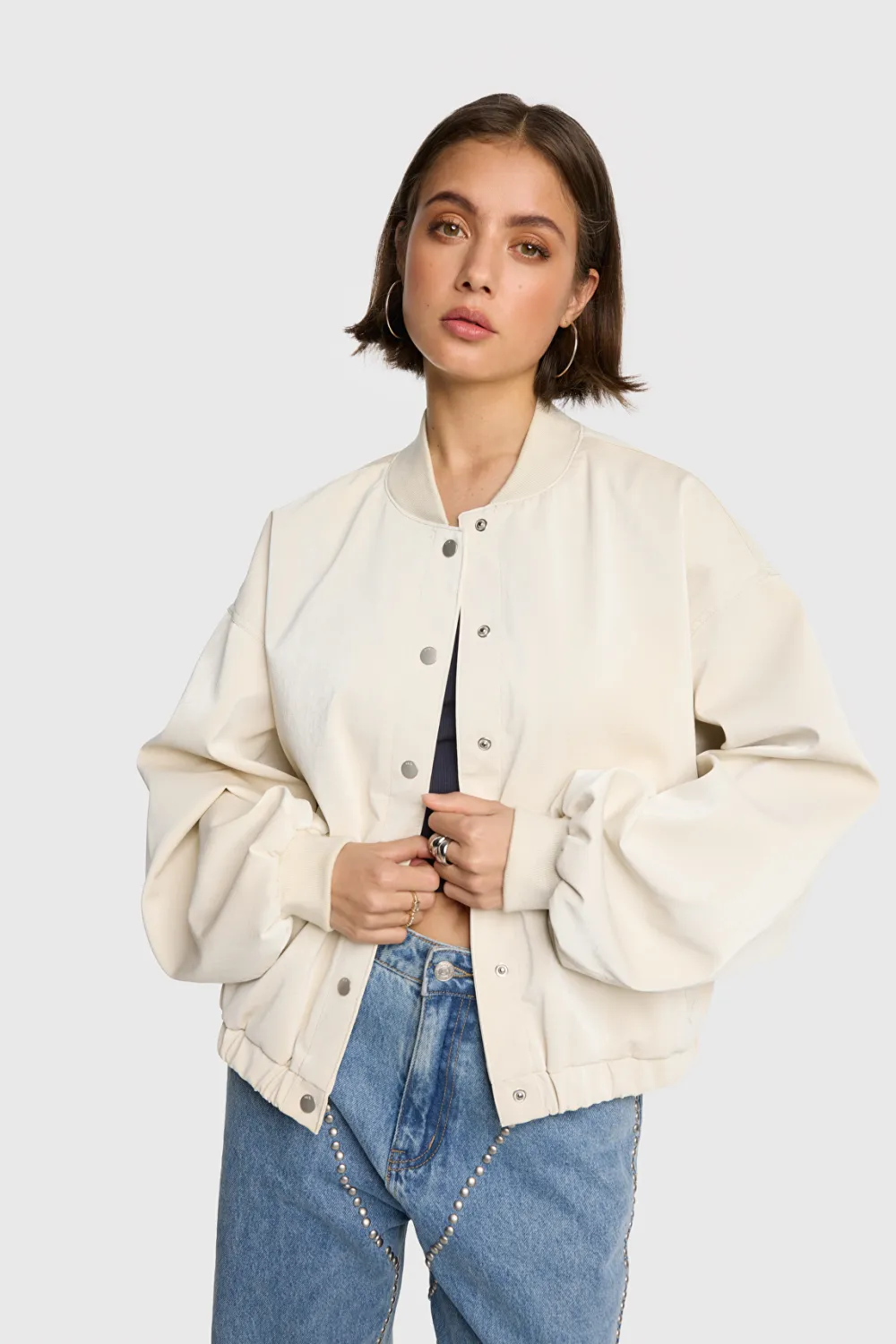 ALIX THE LABEL ladies woven velvet leather bomber CREAM