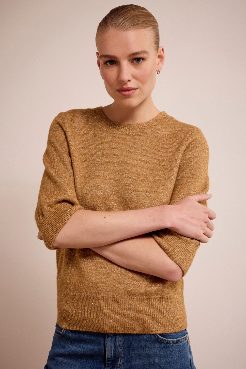 TRAMONTANA Short-Sleeve Sequin Jumper Camel