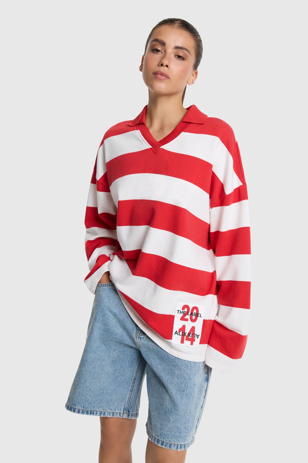 ALIX THE LABEL BLOCK STRIPE POLO SWEATER