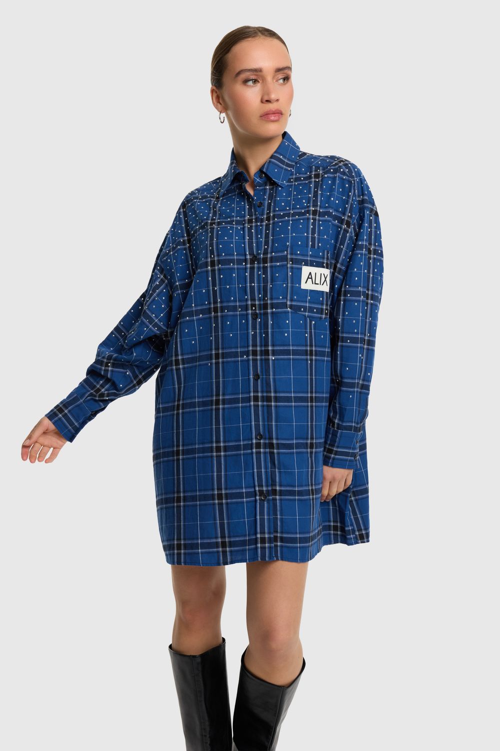 ALIX THE LABEL STUDDED CHECK BLOUSE DRESS