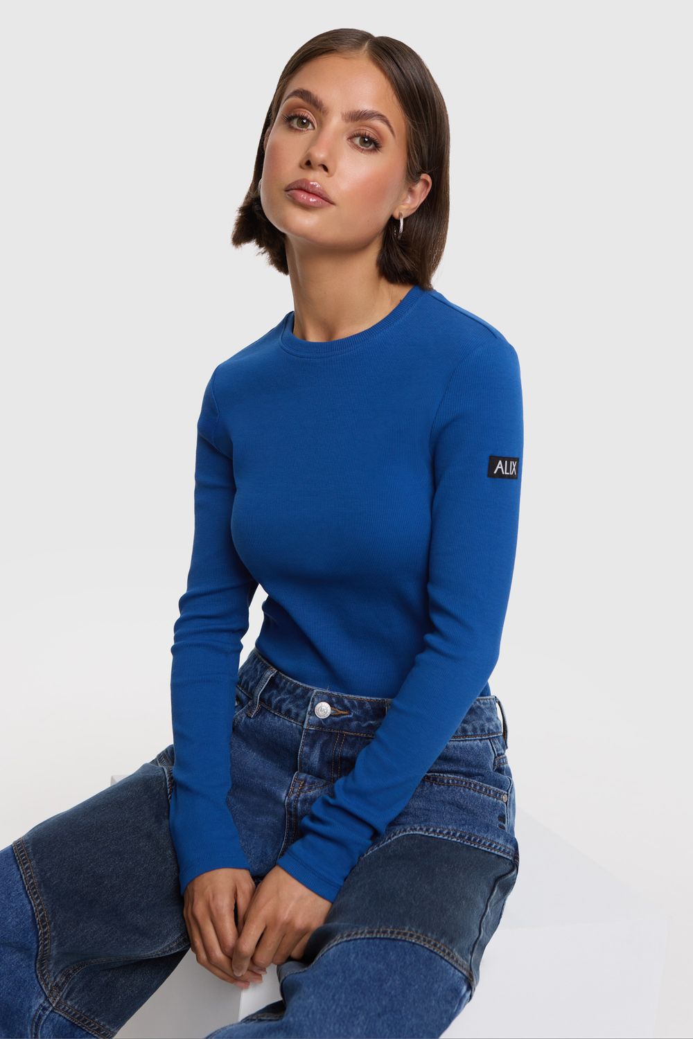 ALIX THE LABEL RIB LONGSLEEVE TOP DARK BLUE