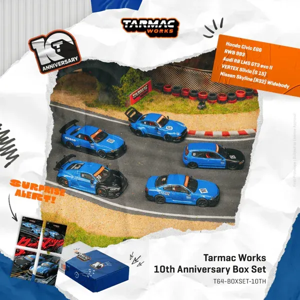 Tarmac Works 10th Anniversary Box Set, 5 Model Cars + Trading Cards Combo Set