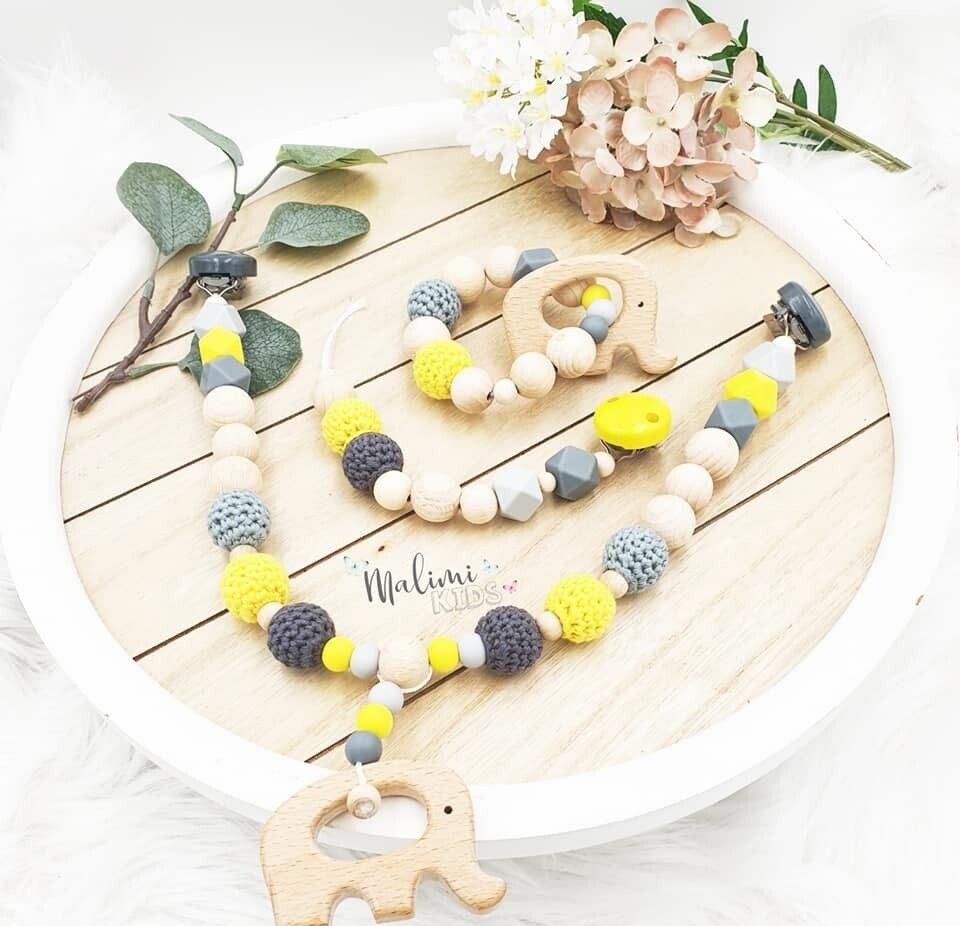 Kinderwagenkette/Schnullerkette/Beißring Set gelb/grau