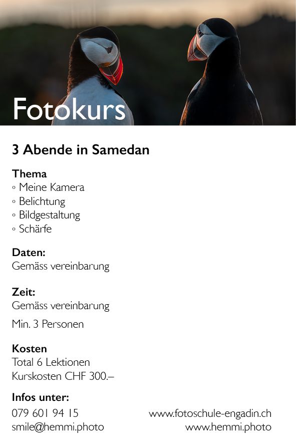 Grundkurs Fotografieren in Samedan 3 Abende