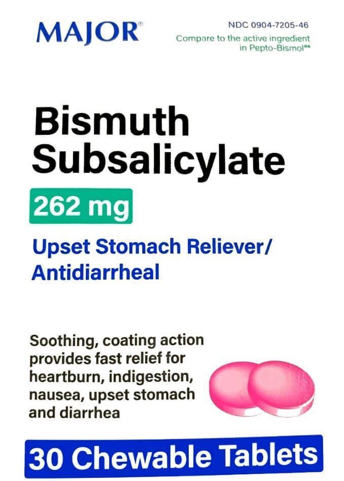 Major Bismuth Subsalicylate 262 Mg - 30 Chewable Tablets (Pepto-Bismol)