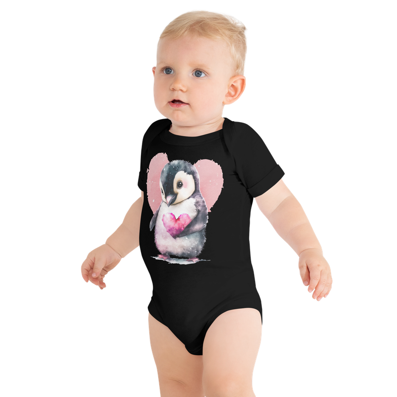 Valentine&#39;s Baby short sleeve one piece with penguin and heart image