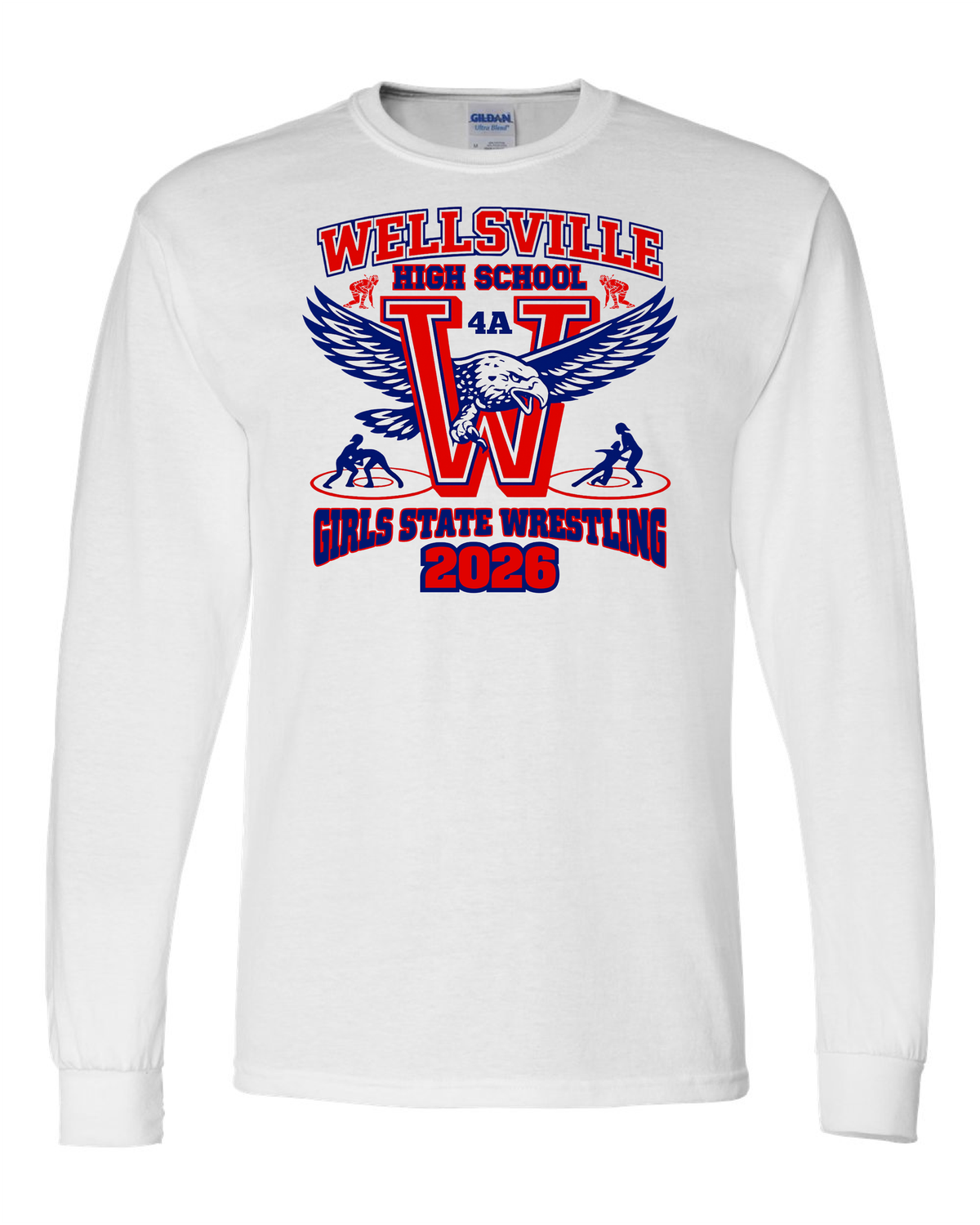 2026-Wellsville State W Names On Back-Long Sleeve- Gildan Softstyle, Color: White, Size: S