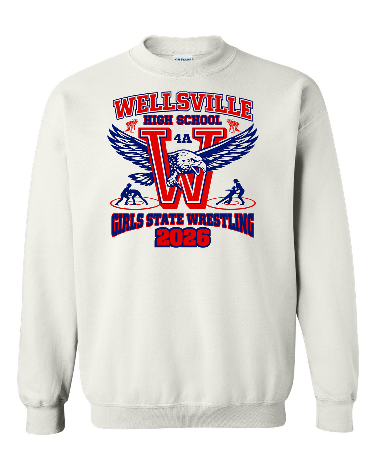 2026-Wellsville State W Names On Back-Sweatshirt- Gildan Heavy Blend, Color: White, Size: AS