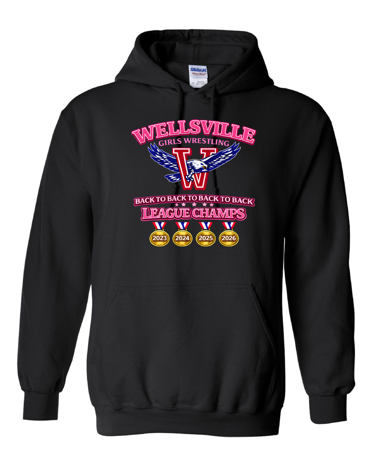 2026-Wellsville 4X League Champs -Hoodie- Gildan Heavy Blend, Color: Black, Size: YS