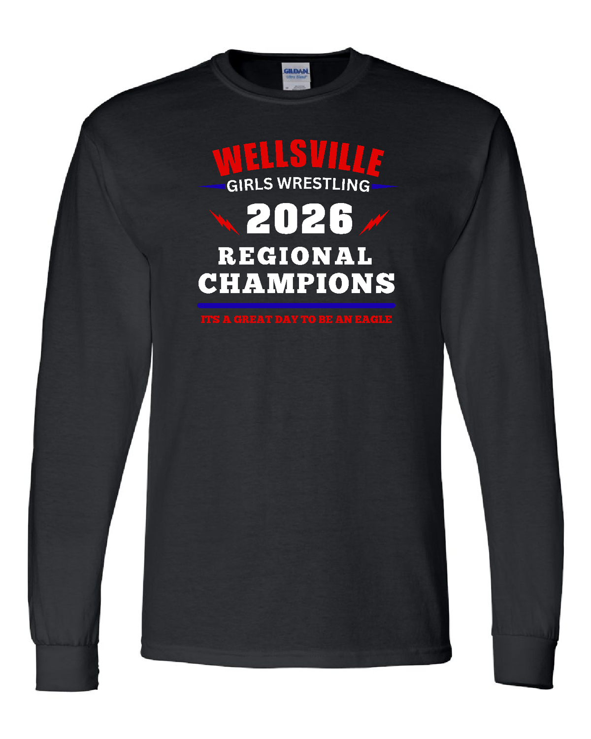 2026-Wellsville Regionals  W Names On Back-Long Sleeve- Gildan Softstyle, Color: Black, Size: YS