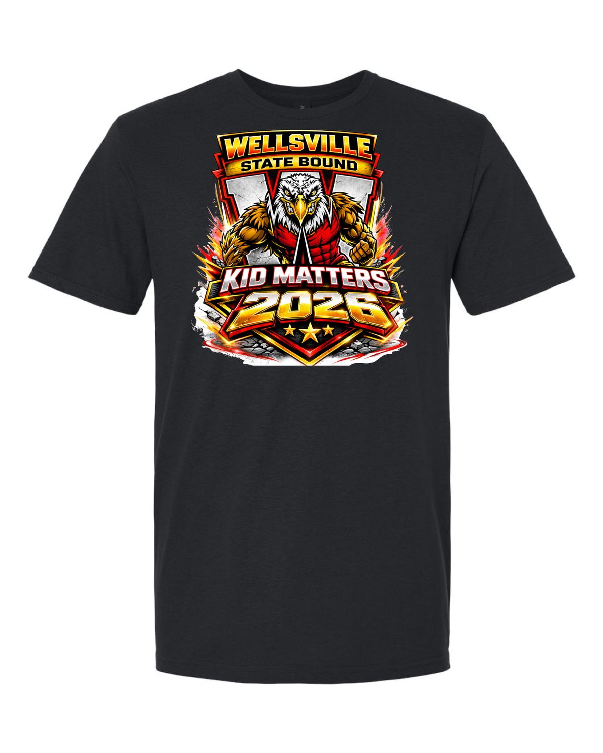 2026-Wellsville Kids State Wrestling  T-Shirt - Gildan Softstyle, Color: Black, Size: YS