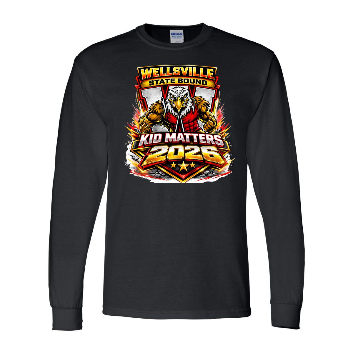 2026-Wellsville Kids State Wrestling Long Sleeve - Gildan Softstyle, Color: Black, Size: YS
