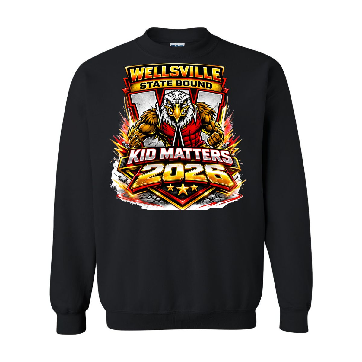 2026-Wellsville Kids State Wrestling Sweatshirt - Gildan Heavy Blend, Color: Black, Size: YS