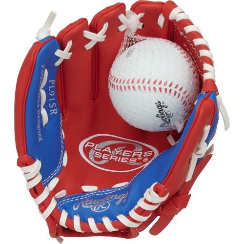 Rawlings Players Series Youth 9-Inch Baseball Glove W/Ball, Left Hand Throw, Color: Red/Blue