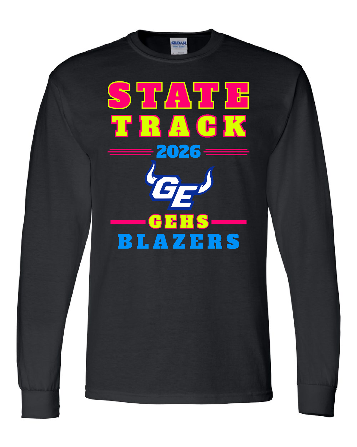 2026 State Track &amp; Field Gildan Softstyle Long Sleeve T-Shirt, Color: Black, Size: YS
