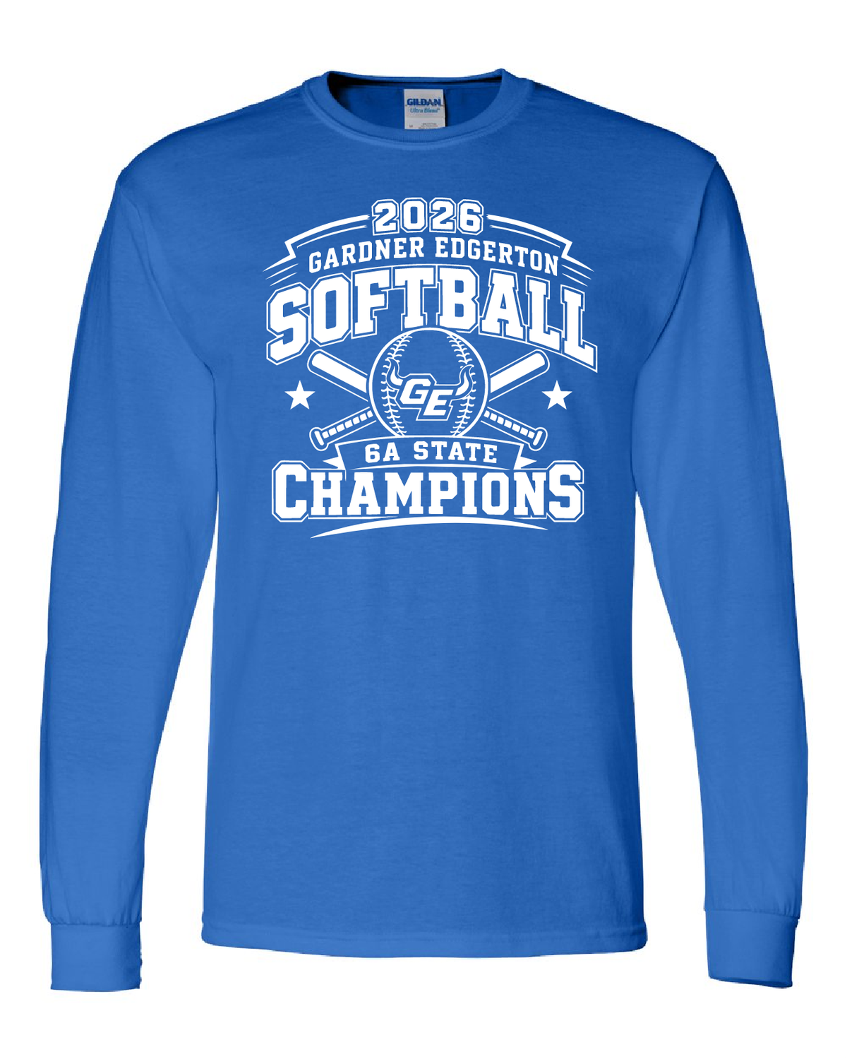 2026 GEHS Softball - State Champion- Gildan Softstyle Long Sleeve T-Shirt - Names On Back, Color: Royal/White, Size: Youth Small