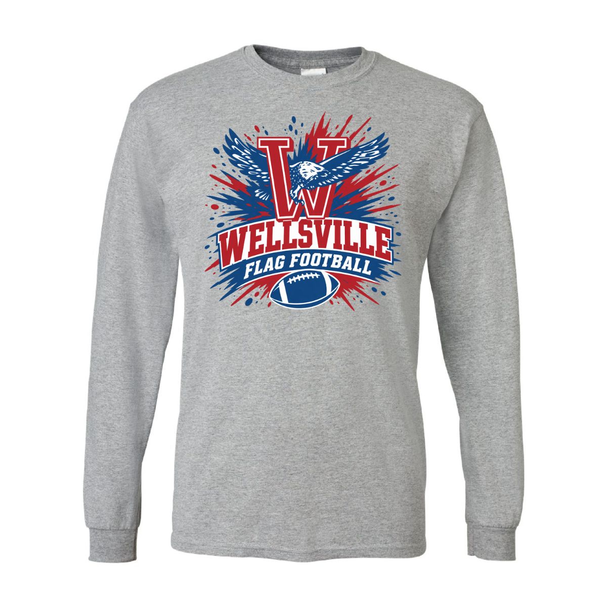 2026 - Wellsville Flag Football Ball - Gildan Softstyle Long Sleeve T-Shirt, Color: Sport Grey, Size: YS