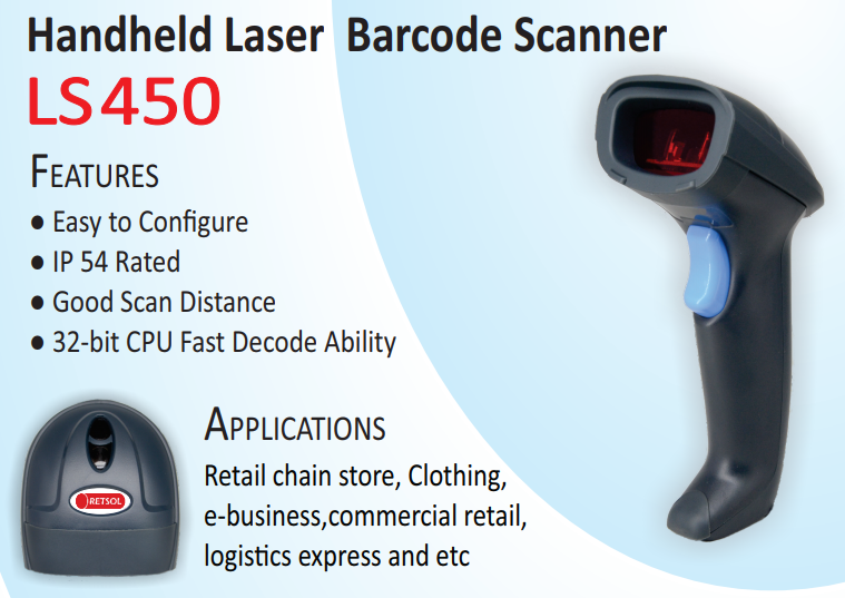 Retsol LS450 1D Handheld Laser Barcode Scanner Retsol LS450 1D Handheld Laser Barcode Scanner