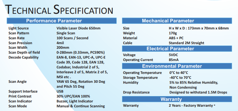 Retsol LS450 1D Handheld Laser Barcode Scanner Retsol LS450 1D Handheld Laser Barcode Scanner