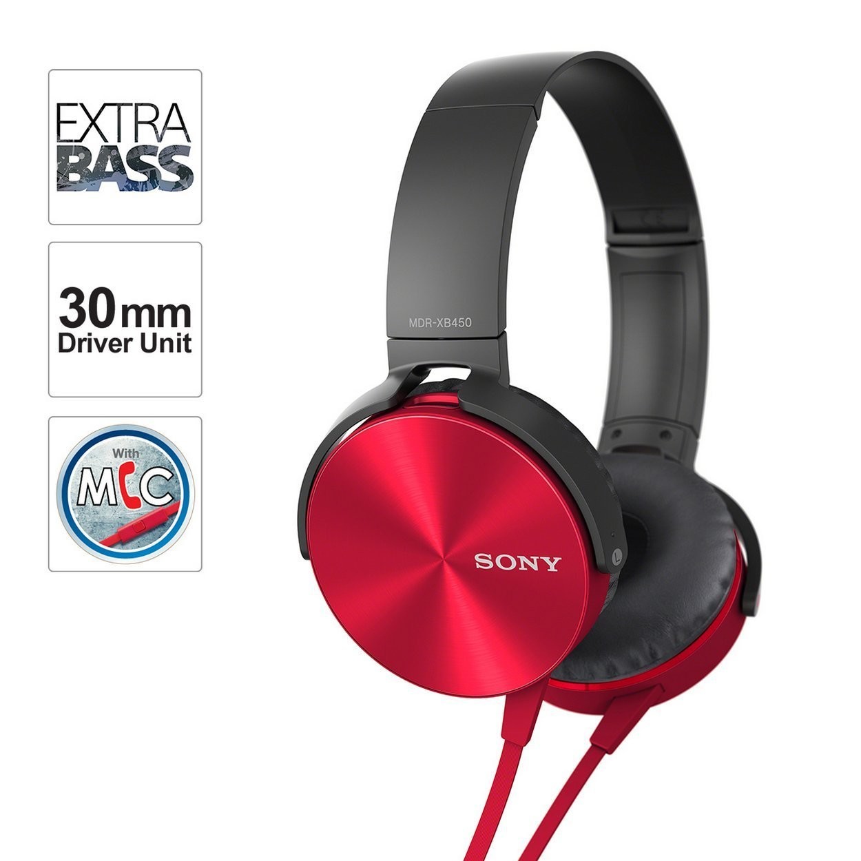 Sony MDR-XB450AP On-Ear Headphones, Red