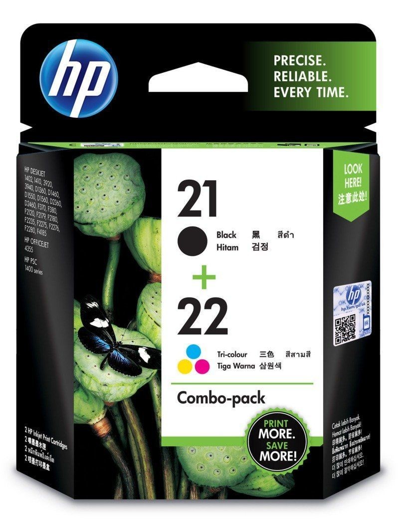 HP 21 Black & 22 Ink Cartridge, Tri Color