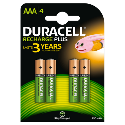 Duracell AAA, 4, Battery, 750mAh, Rechargeable Plus Duracell AAA, 4, Battery, 750mAh, Rechargeable Plus