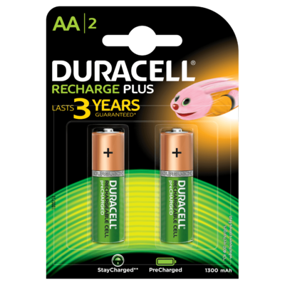 Duracell AA, 2 Batteries, 1300mAh, Rechargeable Plus Duracell AA, 2 Batteries, 1300mAh, Rechargeable Plus