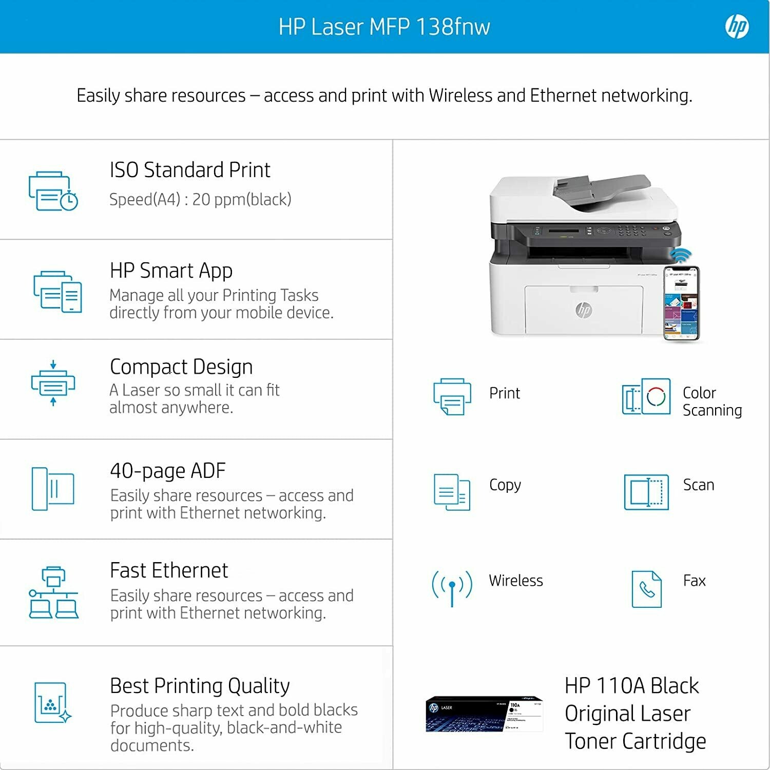 HP 138fnw (Adf) Multi-function 20ppm Laser Printer