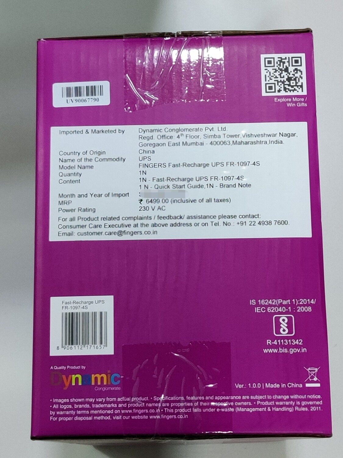 Fingers 1KVA Fast-Recharge Computer UPS Power Backup