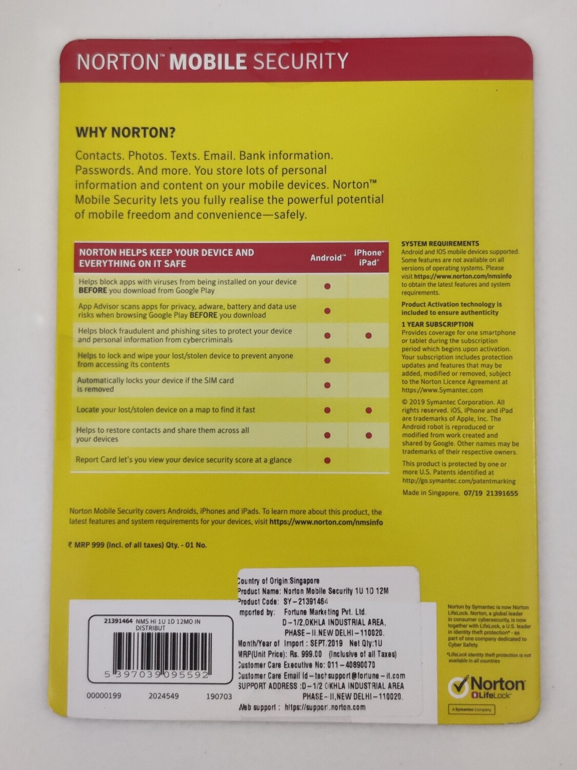 1 Device, 1 Year, Norton Mobile Security 1 Device, 1 Year, Norton Mobile Security