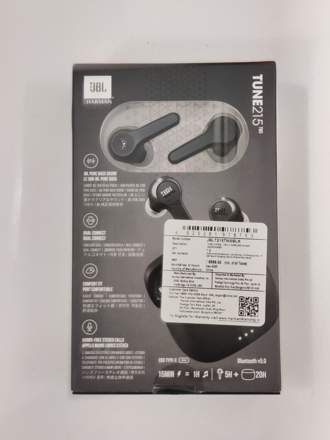 JBL Tune 215TWS Bluetooth Headset, Black