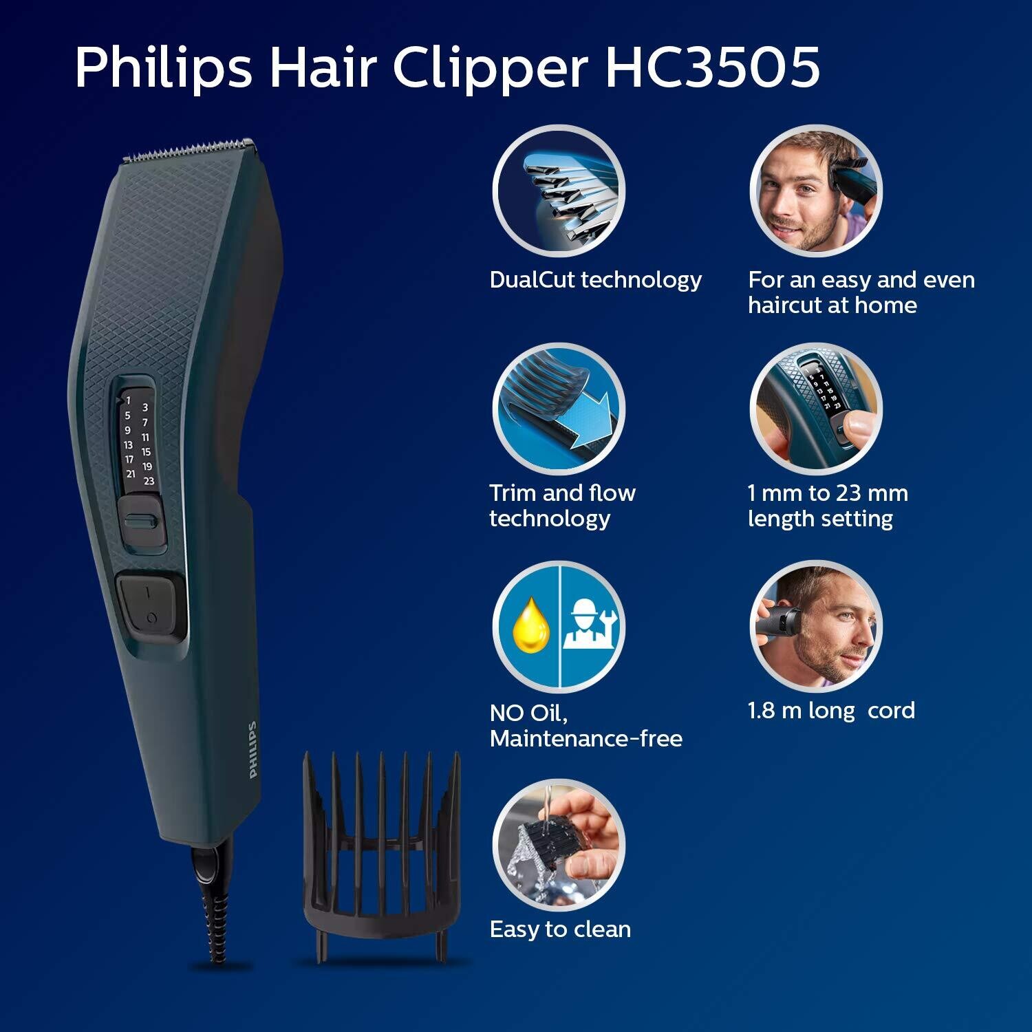 Philips Hair Clipper Series 13 Length Settings and Stainless Steel Blades,  HC3505/15 