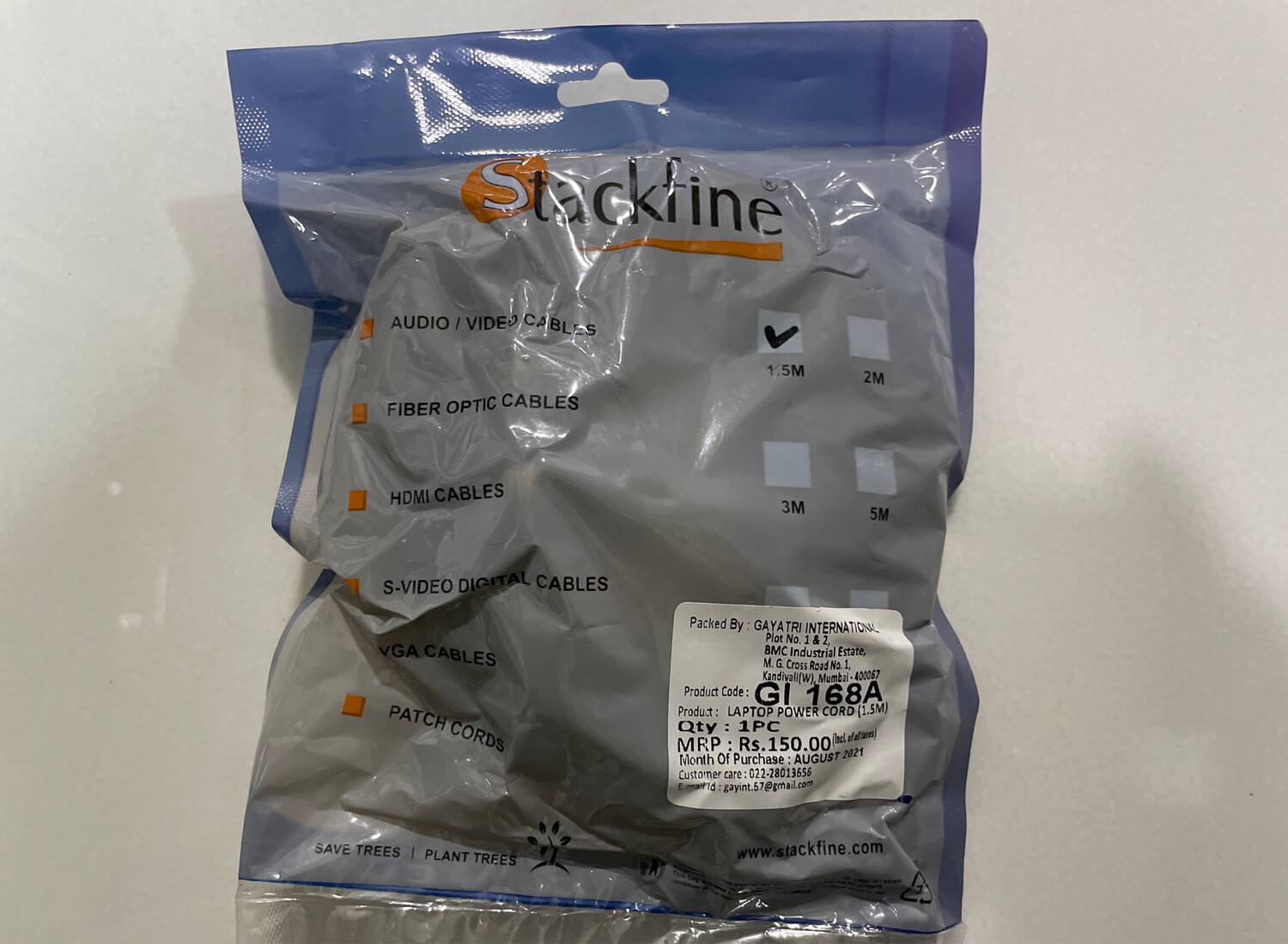 Stackfine 1.5mtr Laptop Power Code